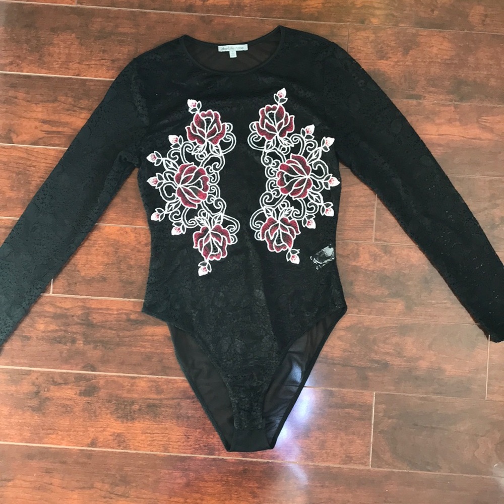Black lace chiffon floral leotard